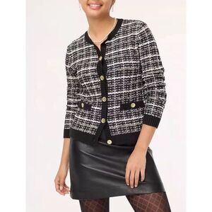 J.Crew $138 Women's Cotton Cardigan Sweater Black Khaki Tweed Sz S Golden Button